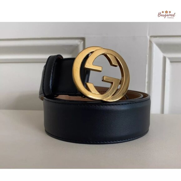 Authentic Gucci Black Calfskin Leather Gold Interlocking G Buckle Belt 80/32 - Picture 12 of 13